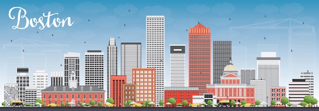 Boston skyline with gray and red buildings and blue sky. vector illustration.