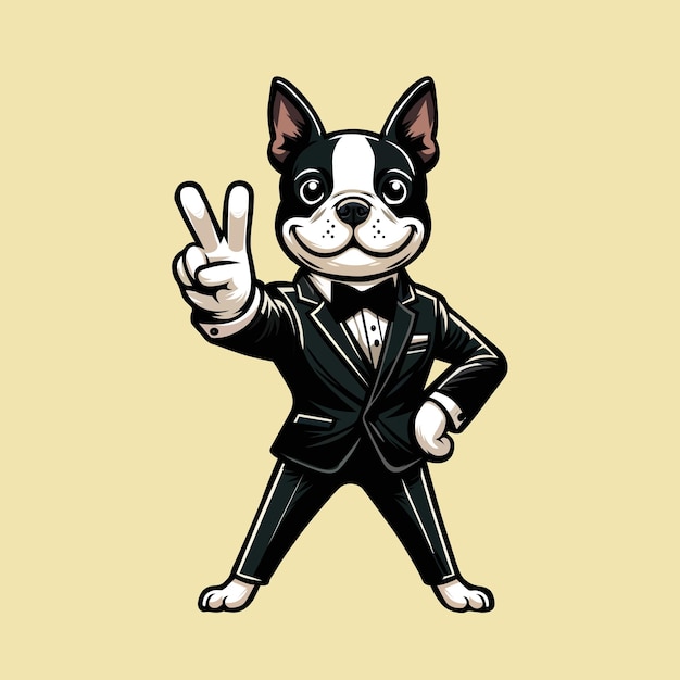 Boston Terrier Dog Peace Gesture Illustration Vector