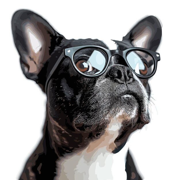 Un boston terrier con gli occhiali googlyeye divertenti immagini isolate sullo sfondo bianco