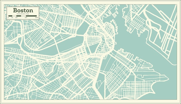 복고 스타일 보스턴 미국 도시 지도입니다. 개요 지도. 벡터 일러스트 레이 션.