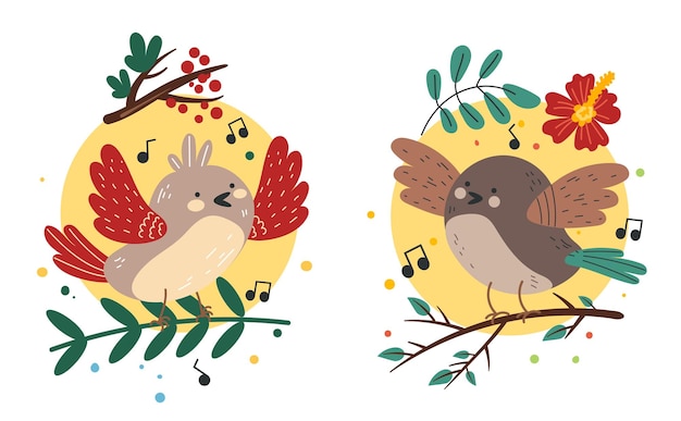 Vector bosvogels schattige cartoon personages geïsoleerde platte set grafisch ontwerp illustratie