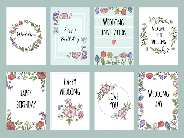 Vector botanic cards with plants. vector design template of different cards with flowers