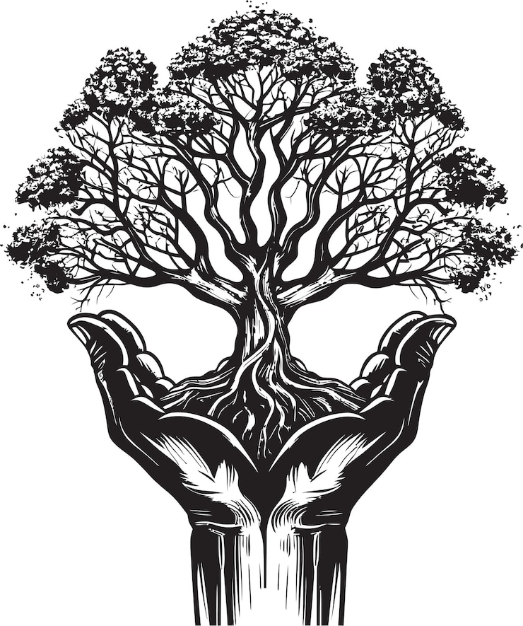 Vector botanic caress elegant black logo design with hands holding a living plant flora fusion delicate ve
