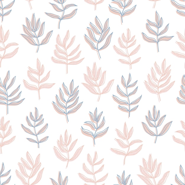 Botanical abstract contour silhouette branches with leaves checkered background vector seamless pattern