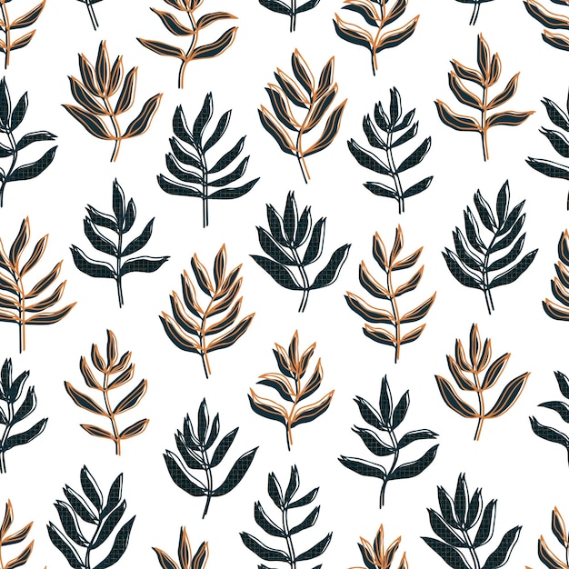 Vector botanical abstract contour silhouette branches with leaves checkered background vector seamless pattern