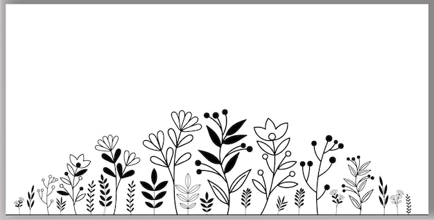 Botanical abstract line art composition minimal floral border of handdrawn herbs flowers leaves