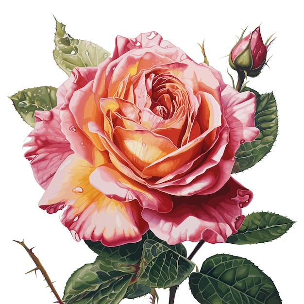 分離されたピンクのバラの花のボタニカル アート
