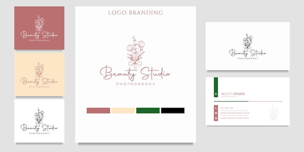 Logotipo di bellezza botanica con ornamenti botanici con modello di biglietto da visita vettore premium