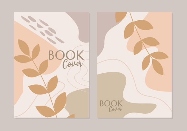 Botanical book cover vector set. boho Foliage line art drawing with abstract shape.