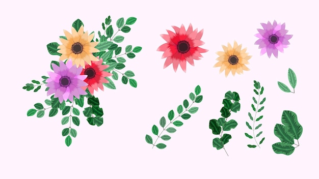 botanical collection of wild floral elements with garden flowers bunch