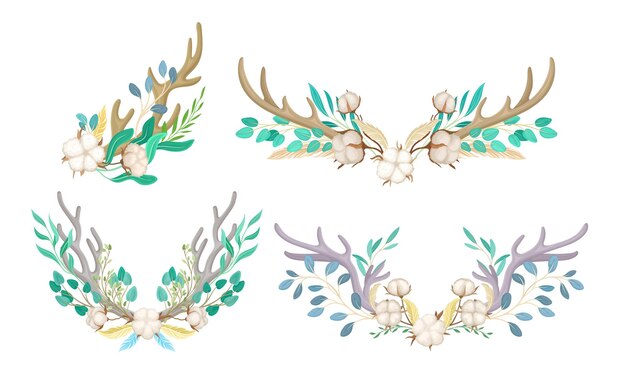 Vector botanical composition with deer horns and cotton flowers vector set