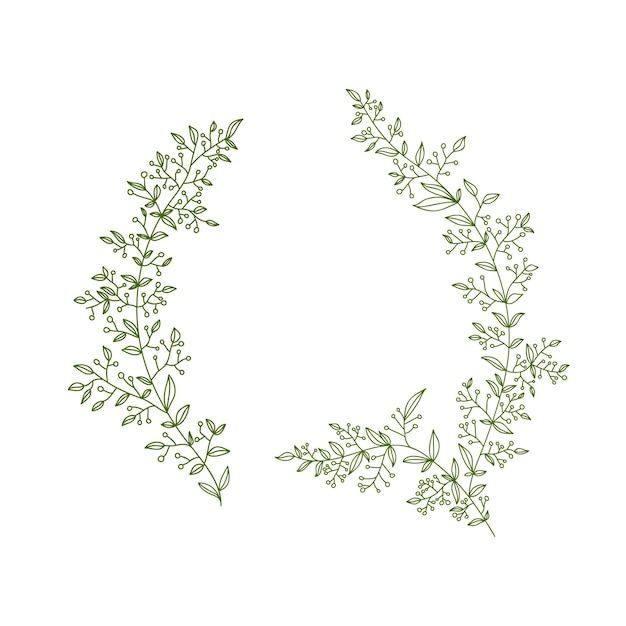 흰색 배경 벡터 그래픽에 격리된 인사말 카드 및 초대장을 위한 선형 스타일 꽃 프레임에 텍스트를 첨부하기 위한 열매와 잎이 있는 나뭇가지의 식물 장식 프레임