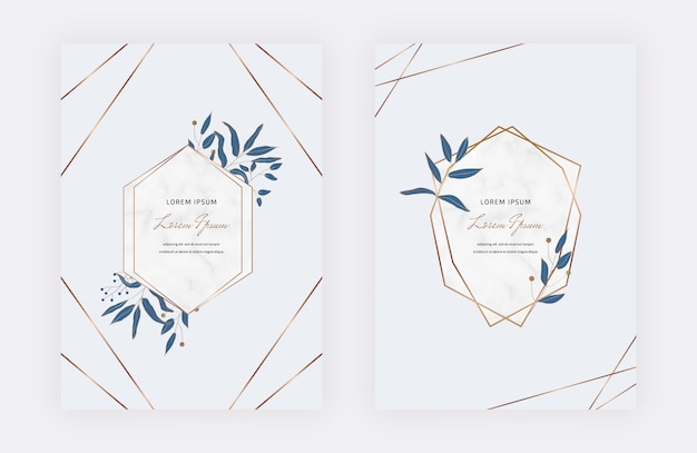 Botanical design cards with geometric marble frames and blue leaves. Trendy templates