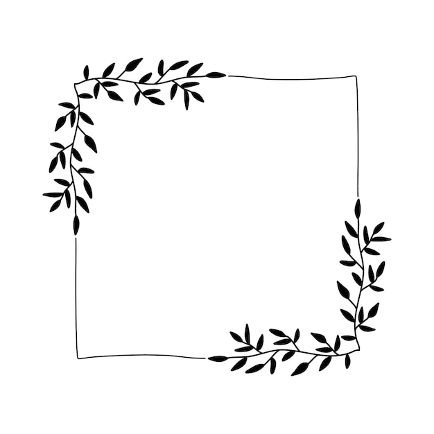 Vector botanical doodle square frame vector linear border with elegant leaves decorations