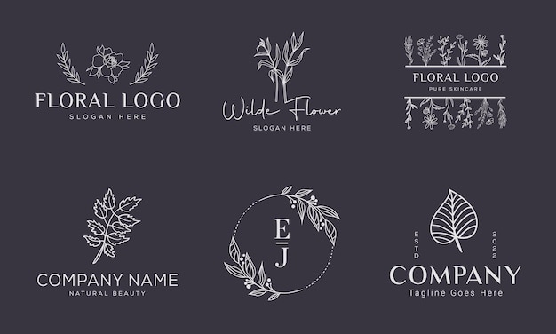 botanical floral element hand drawn logo with wild flower leaves logo for feminine and cosmetic