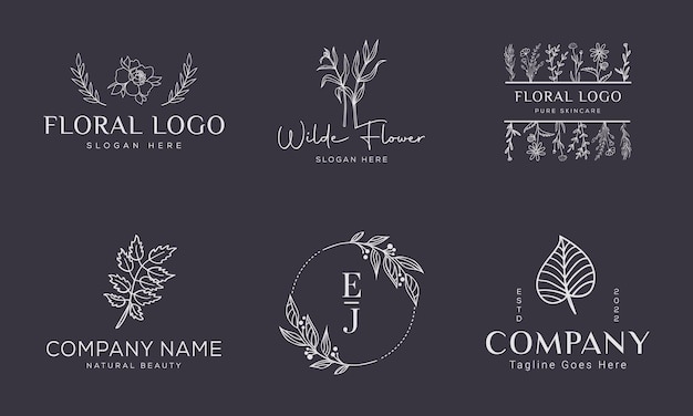 Elemento floreale botanico logo disegnato a mano con logo di foglie di fiori selvatici per femminile e cosmetico