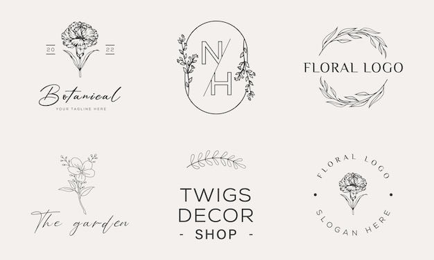 Vector botanical floral element hand drawn logo with wild flower leaves logo for feminine and cosmetic