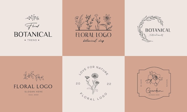 Botanical Floral element Hand Drawn Logo with Wild Flower Leaves Logo for feminine and cosmetic