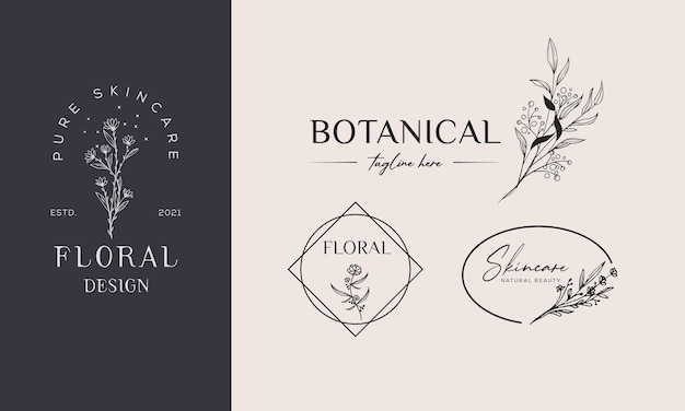 Botanical Floral element Hand Drawn Logo with Wild Flower and Leaves Logo for spa and Cosmetics
