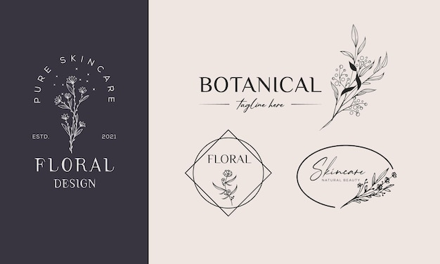 Botanical floral element hand drawn logo with wild flower and leaves logo for spa and cosmetics