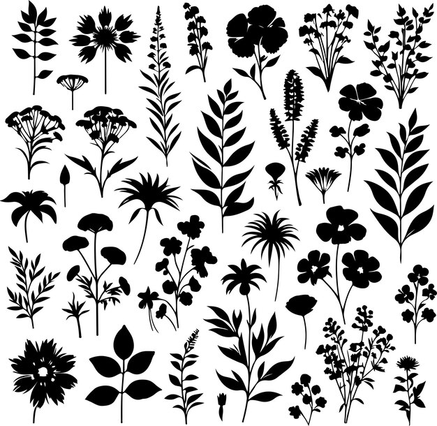 Vector botanical flowers silhouette elements collection