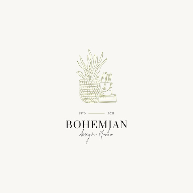 botanical hand drawn line art  vector logo design template