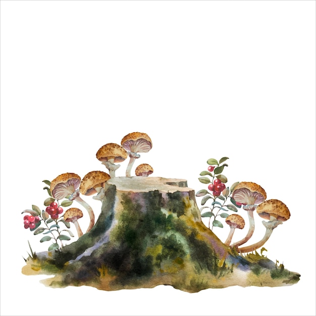 Botanical hand painted watercolor illustration of forest plant A composition of forest plants a stump with moss lingonberries and mushrooms