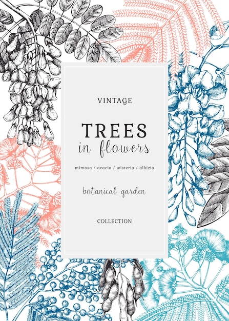 Illustrazione botanica con alberi disegnati a mano in fiori. carta d'epoca