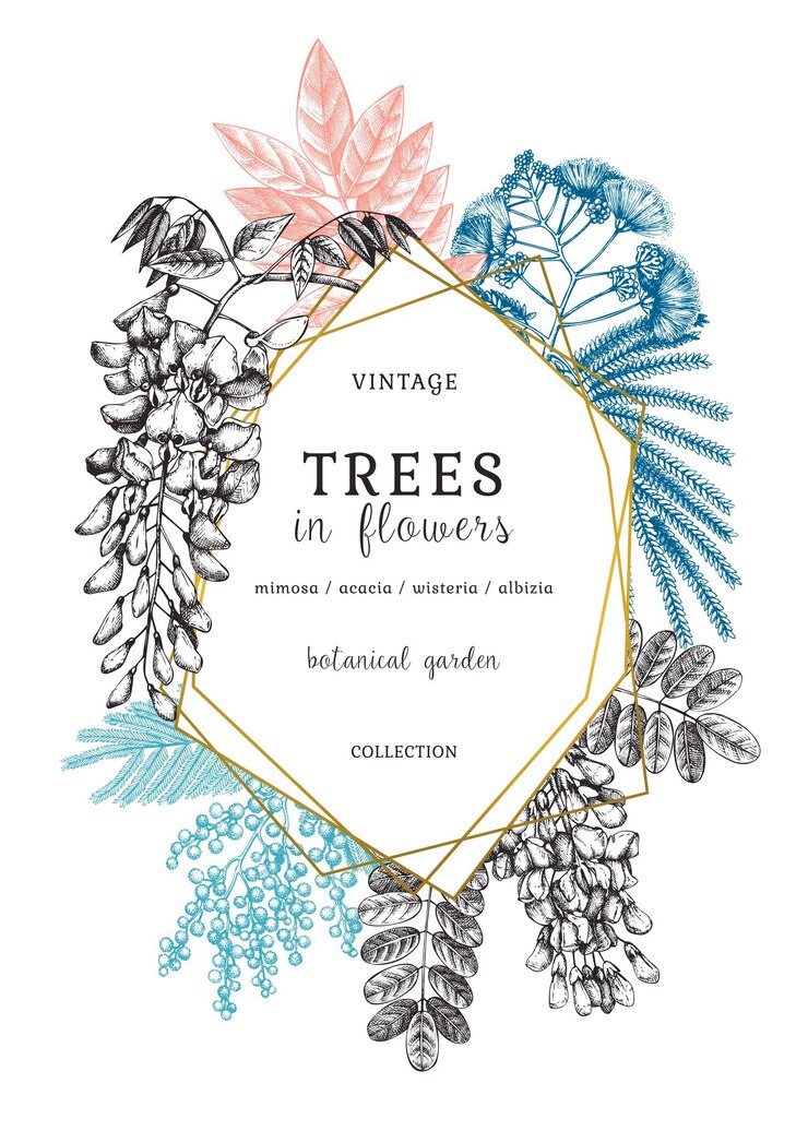 Vector botanical illustration with handsketched trees in flowers