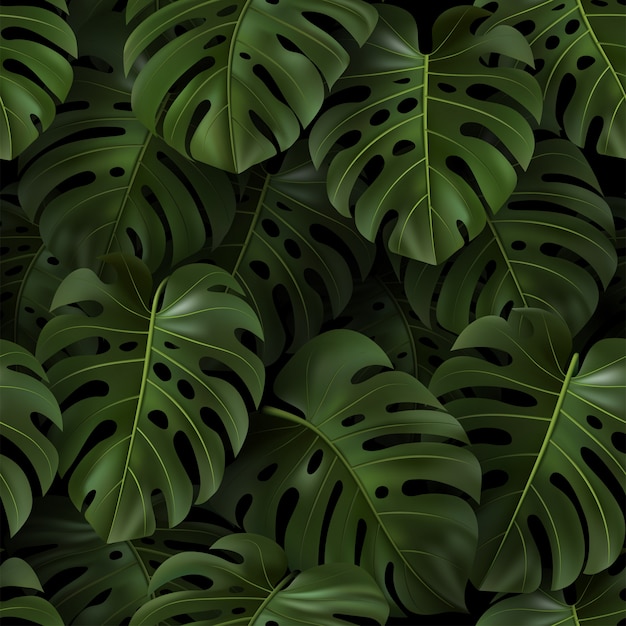 Botanical illustration with tropical green  leaves Monstera on dark background. Realistic seamless pattern for textile, hawaiian style, wallpaper, sites, card, fabric, web .  template.