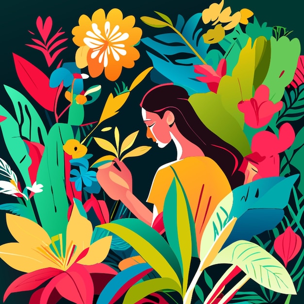 botanical illustrator sketching a colorful flower vector illustration