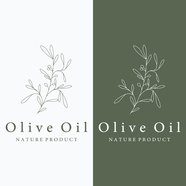 Modello di logo botanico foglia e frutta di ulivo naturali disegnate a mano olio d'oliva a base di erbe cosmetico o bellezza