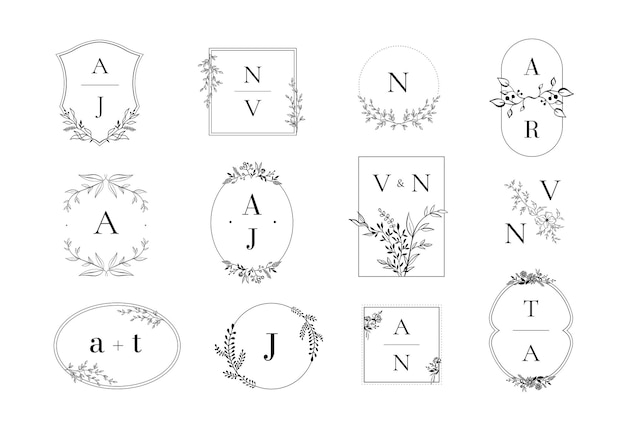 Botanical monogram Natural emblem with leaves on branches and blooming flowers Minimal floral frames and nature inspired vector templates collection