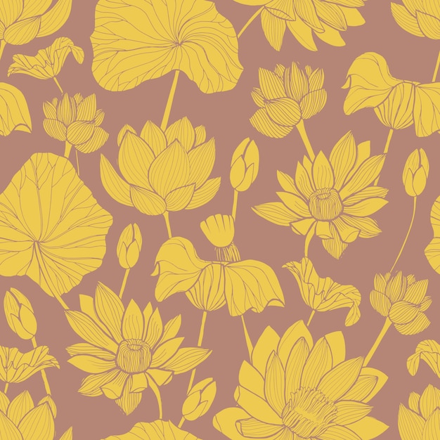 Botanical pattern with beautiful yellow blooming lotus hand drawn on brown background.