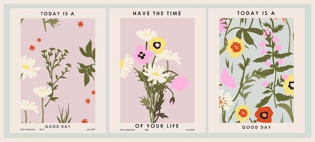 Botanical poster set flowers and branches. Modern style, pastel colors