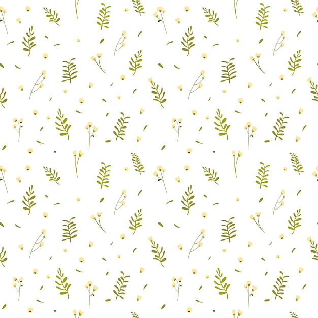 Botanical seamless pattern hand drawn white background with delicate flowers and leaves