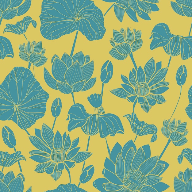 金色の背景に描かれた美しい青い咲く蓮の手で植物のシームレスパターン