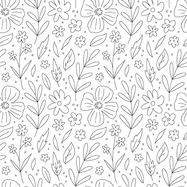 Vector botanical seamless pattern with doodle flowers leaves and branches floral background