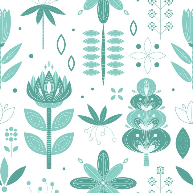 Vector botanical seamless pattern with fantasy garden on a white background.