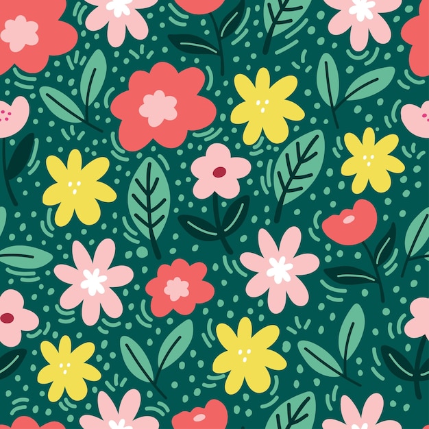 Vector botanical seamless pattern with green leaves and yellow flowers on pastel pink background