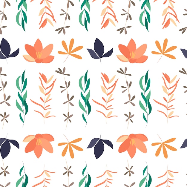 Botanical seamless pattern with leaves and flowers on white background