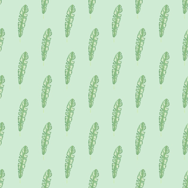 Botanical seamless pattern with light green tropical leaves ornament. pastel blue background. simple style.