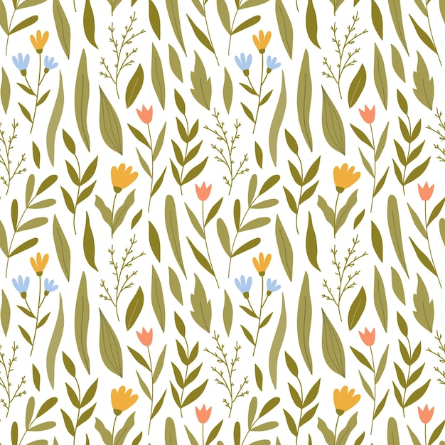 Botanical seamless pattern with meadow flowers, leaves and branches hand drawn flat illustration