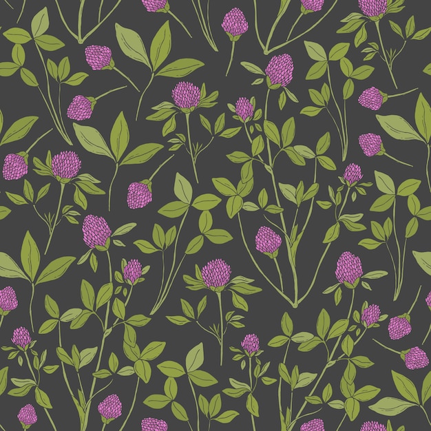 Botanical seamless pattern with red clover on dark background.