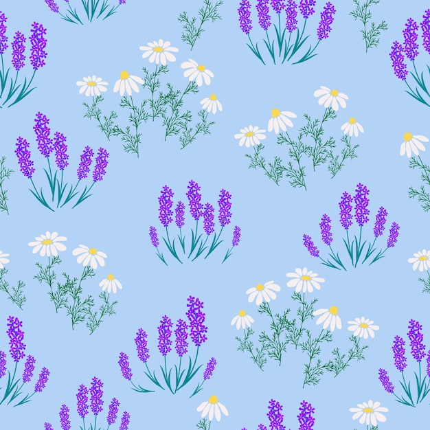 Botanical seamless print with various floral elements Blue fields of lavender and chamomile Fashion fabric pattern with miniature flowers vintage textile