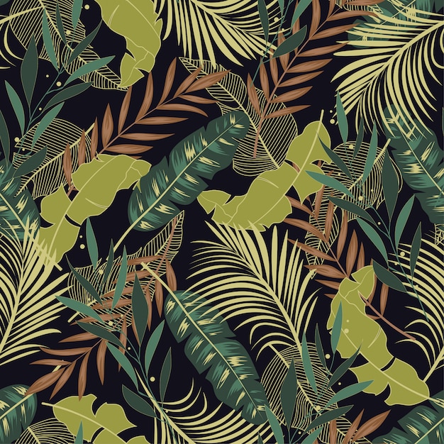 Botanical seamless tropical pattern with beautiful green and yellow leaves and plants 