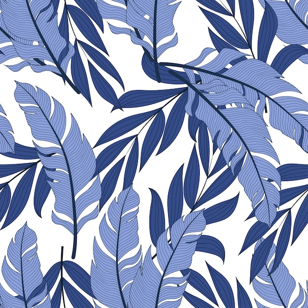 Botanical seamless tropical pattern with bright plants and leaves on a white background