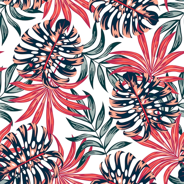 Botanical seamless tropical pattern with bright plants and leaves on a white background