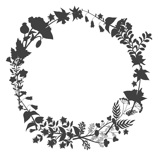 Botanical silhouettes frame Round herb black wreath