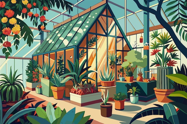 Вектор Ботанический балкон с теплицей, разнообразными экзотическими растениями и станцией для сажания.